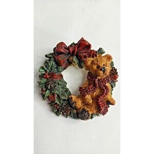 Boyds Bears Resin Teddy Bear Santa Wreath Brooch Collectible